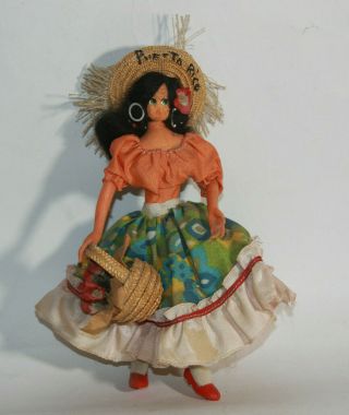 Vintage Spanish Cloth Vintage Lady Doll With Basket,  Puerto Rico Hat Red Heels