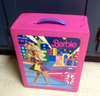Vintage 1989 Mattel Barbie Doll Pink Fashion Vinyl Carry Case Trunk Wardrobe