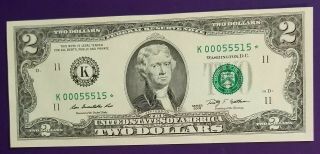 2009 $2 Star Note ■rare■ Low Fancy Serial Number K Dallas 00055515 Uncirculated