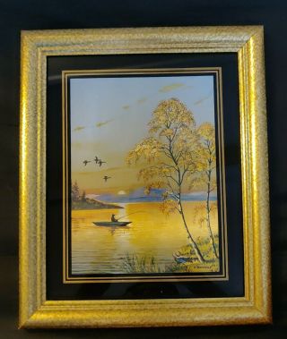 Vintage Dufex Foil Art Print England,  Sunrise On The Lake Elegant Golden Frame