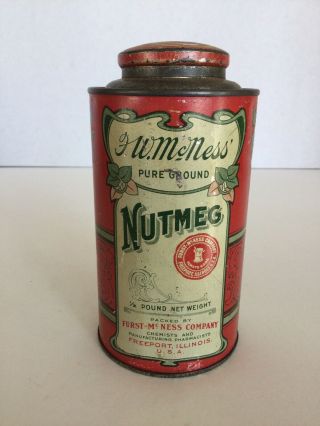 Vintage Antique F.  W.  Mcness Nutmeg Spice Tin Litho Can 1/2 Lb.  Freeport,  Il