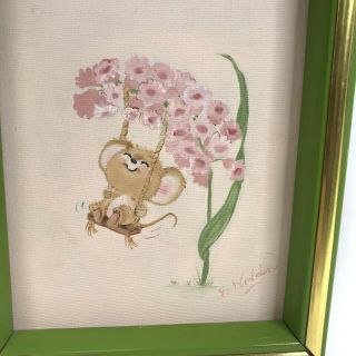 Vintage Framed Oil Painting Mouse On A Swing Pink Flowers Signed Kitsch