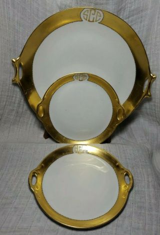 Antique Selb Germany Porcelain Platter Serving Set Of 3 Trays Heavy Gold Gilded