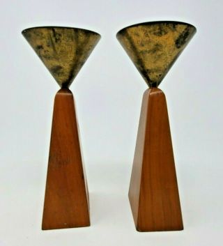 2 Mid Century Wood And Brass Candlesticks Holder - Patina - Unmarked
