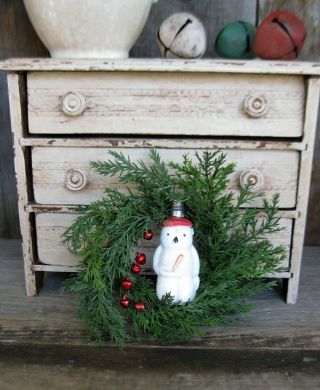 Small Primitive Christmas Wreath With Antique Glass Snowman Light Bulb