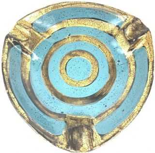 Aldo Londi Bitossi Vintage Glazed Blue Gold Terracotta Ceramic Ashtray Triangle