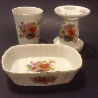 Vintage Davar Japan Bathroom Set Soap Dish Cup Toothbrush Holder Oriental Floral