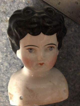 Vintage German Antique China Head Shoulder Doll Black Hair Blue Eyes Marked 3
