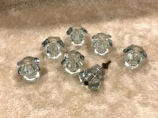 7 Matching Antique Crystal Glass Cabinet Drawer Pulls Knobs 6 Sided Heavy 1 1/2 "