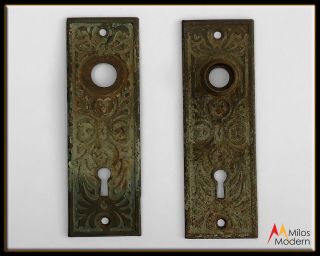 Vintage 1800s Pair 2 Antique Door Plates Steel Metal Plate Scandinavian Ornate