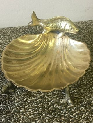 Vintage Brass Footed Soap Dish Trinket Holder 5 " W Scallop Shell With Fish Heavy