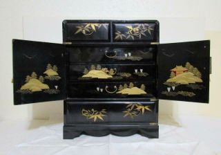 Antique Japanese Lacquer Jewelry Cabinet Gilt Decoration Late Meiji Style