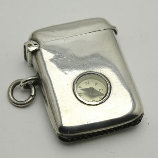 Rare Fine Antique 1921 Solid Sterling Silver Compass Vesta Case Match Safe Fob