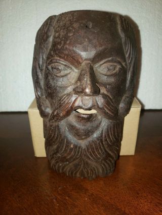 Vintage Hand Carved Wooden Face Mask Wood Art Wall Decor Primitive Bearded Man.