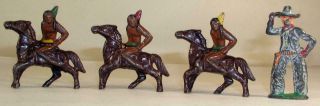 Antique Lead Toy Figures 3 Indians On Horsdeback Plus Cowboy