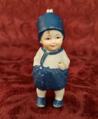 Vintage/antique German All Bisque Boy Nodder Doll In Blue 3 Inches