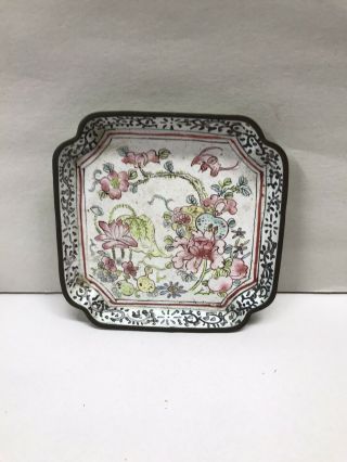 Antique Chinese Cloisonne Trinket Dish Pin Tray Enamel Flowers Marked China