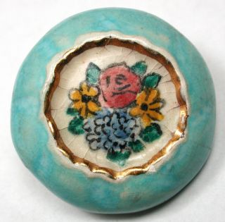 Vintage French Ceramic Button Pretty Flowers Design - 1 & 1/8 "