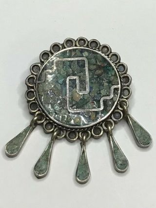Antique Vintage Sterling Silver Brooch Pin With Loop For Necklace Turquoise