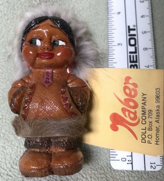 Rare Eskimo Doll 4 ",  Rabbit Fur Trim,  Hang Tag - Naber Doll Co.  Vintage