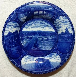 Antique Rowland Marsellus Y Bridge Zanesville Ohio Flow Blue Plate Staffordshire