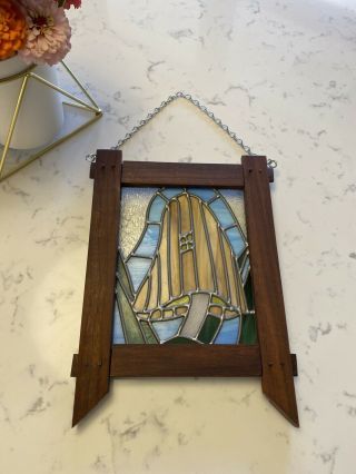 Stained Glass Wood Framed Hanging Window Panel Of Mushroom 12.  5” X 8.  75”