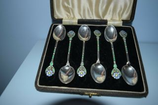 A Very Rare Set Of 6 Enamel Silver Spoons By Turner And Simpson 1948