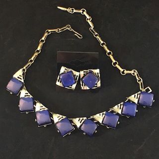 Rare Vintage Coro Necklace & Earrings Set.  Demi Parure Blue Moonglow Set