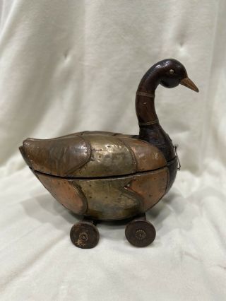 Antique Vintage Wooden Duck On Wheels • Hand Carved