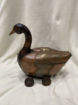 Antique Vintage Wooden Duck on Wheels • Hand Carved 2