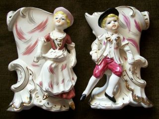 2 Vintage Vases Wales Made In Japan 18th Century English / Colonial Boy & Girl