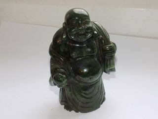 Chinese Hand Carved Green Nephrite Jade / Hard Stone Hotei Buddha Figure 10.  2 Cm