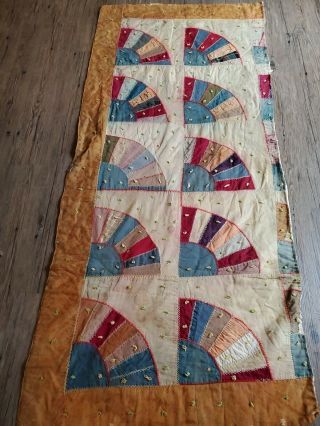Antique Vintage Velvet Crazy Quilt Embroidery Textile Table Runner