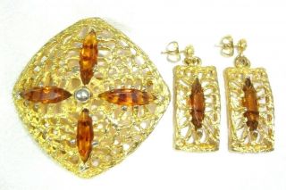 Rare Vtg S.  H.  P Stanley Home Products Inc Rhinestone Post Earrings & Brooch Set
