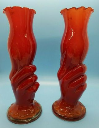 Unique: Rare? 2 Vintage Red Color Hand Shaped Glass Vases: Norleans Japan