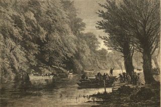 1876 Large Antique Engraving - Boating On The Wissahickon River,  Philadelphia