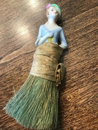 Antique Woman Half Doll And Whisk Brush,  Green Beret With Pink Accent