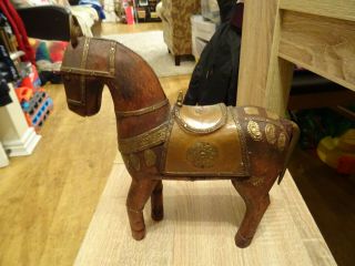 Vintage Decorative Hand Carved Wooden 12 " Horses With Copper And Brass Inlay.