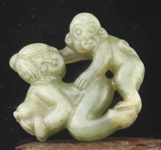 Chinese Old Natural Jade Hand - Carved Monkey Human Statue 2 Inch