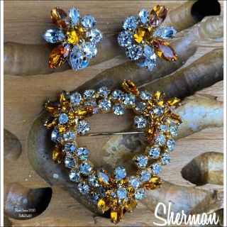 Sherman “triangle Wreath”brooch/earrings Topaz Crystal Swarovski.  Gp.  Rare.