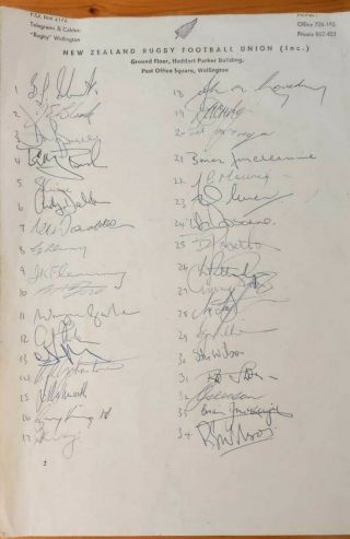 Look Rare 1978 Zealand All Blacks Rugby Grand Slam Hand Signed Team Sheet