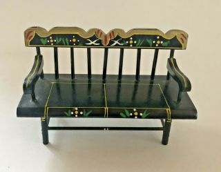 Vintage Shackman Dollhouse Furniture Black Wooden Bench Couch Handpainted Floral
