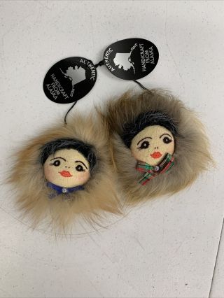 Vintage Alaska Made Fur Eskimo Doll Face Set Of 2
