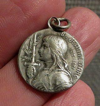 Antique French Religious Pendant / Medal : Joan Of Arc,  Sword Cross Armor Flaggs