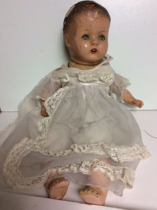 Vintage Antique Composition Cloth Baby Doll 17” Open Mouth,  Upper T,  Tin Eyes,
