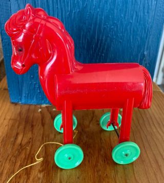 Rare Vintage Christmas Red Horse Pony On Wheels Pull Toy Candy Holder Plastic