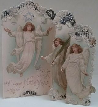 Antique Chromo Victorian Year Card.  2angels Pull Out.  To Extend 13x9cm Closed