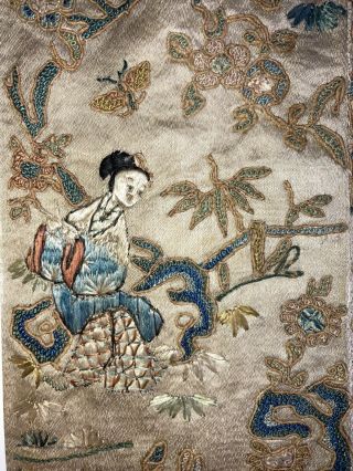 Fine 19th C Chinese Silk Embroidery Panel Figures In Garden Price