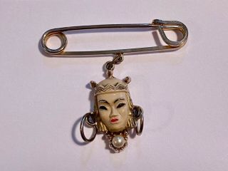 Selro Selini Asian Head Brooch Thai Chinese Signed Vintage Rare Safety Pin