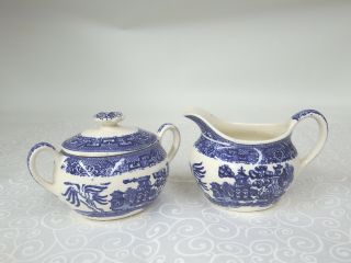 Vintage Blue Willow Sugar Bowl With Lid & Creamer - Japan No Label - Rare Shape